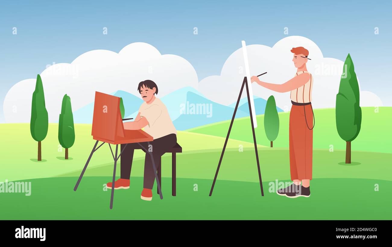 Artist people paint vector illustration. Cartoon man painter characters holding brushes, sitting, standing next to easels, painting pictures of beautiful summer nature landscape. Art hobby background Stock Vector