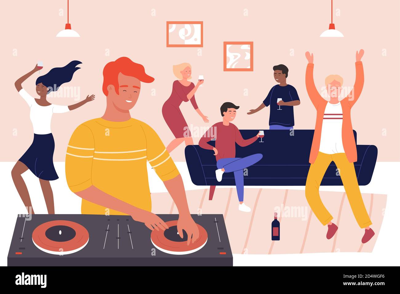 Happy friends musical party with DJ vector illustration. Cartoon young hipster DJ character mixing modern digital music on turntables equipment, people dancing, drinking wine at home party background Stock Vector