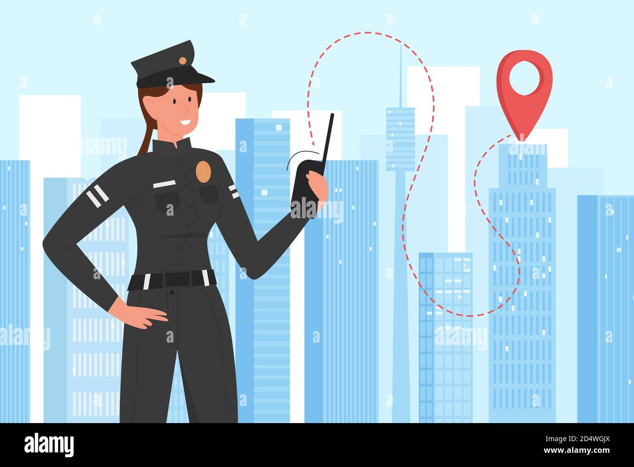 Police officer working in cityscape vector illustration. Cartoon flat professional policeofficer patrol female character in uniform standing on city street, policewoman with walkie talkie background Stock Vector