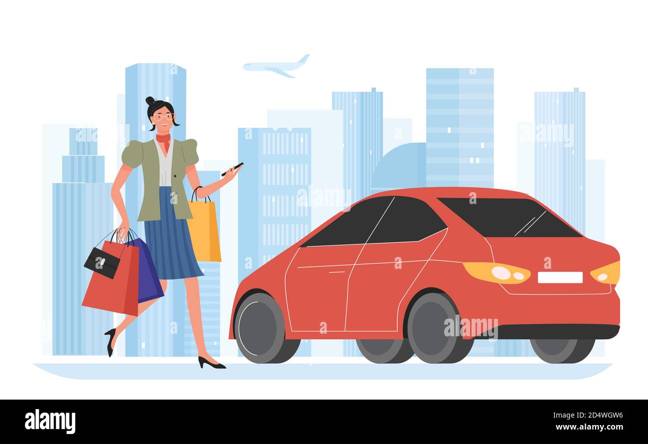 Business woman in cityscape vector illustration. Cartoon busy female office worker employee character with shopping bags runs to red car, city vehicle, businesswoman on way to work isolated on white Stock Vector