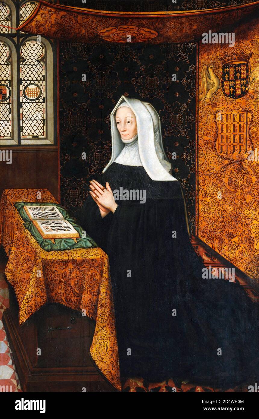Margaret Beaufort. Portrait of Lady Margaret Beaufort (c.1441/3-1509) by Meynnart Wewyck, oil on panel, c.1510. Margaret Beaufort was a major figure in the Wars of the Roses and the mother of King Henry VII of England Stock Photo