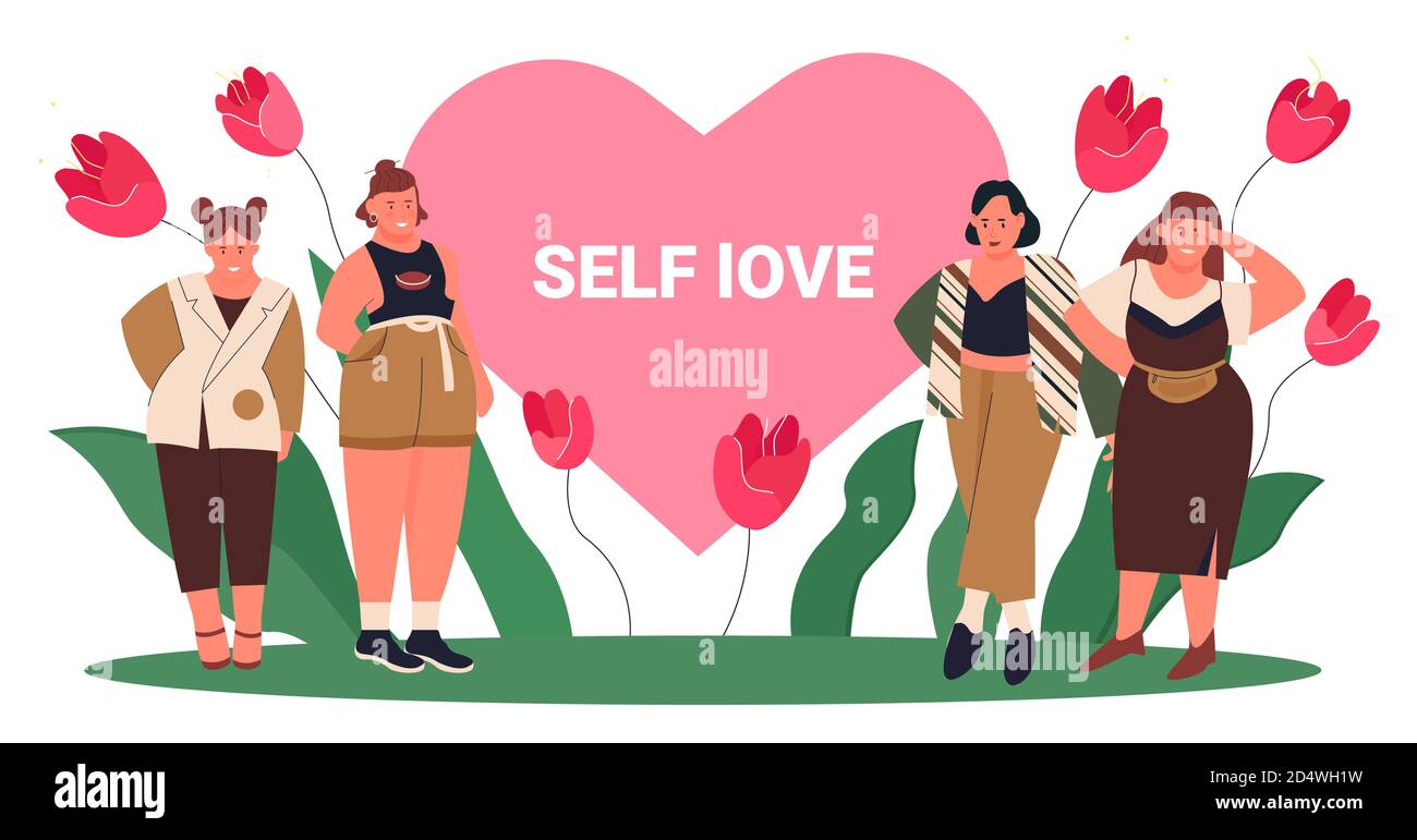 Body positive self love vector illustration. Cartoon young woman plus size characters standing in row next to big heart, loving plus size body, creative concept slogan motivation isolated on white Stock Vector