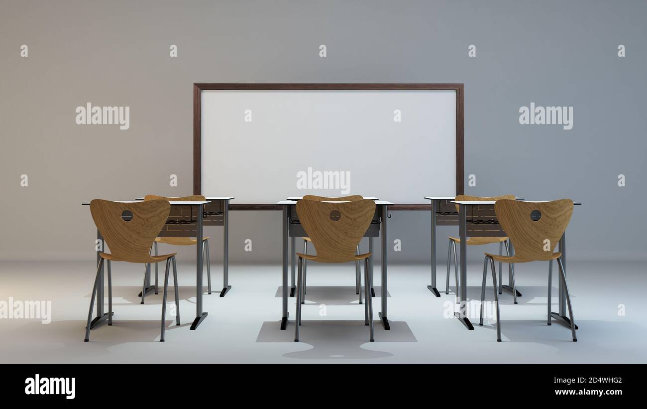 empty modern classroom concept with wooden desk, chair and white board background 3D rendering Stock Photo