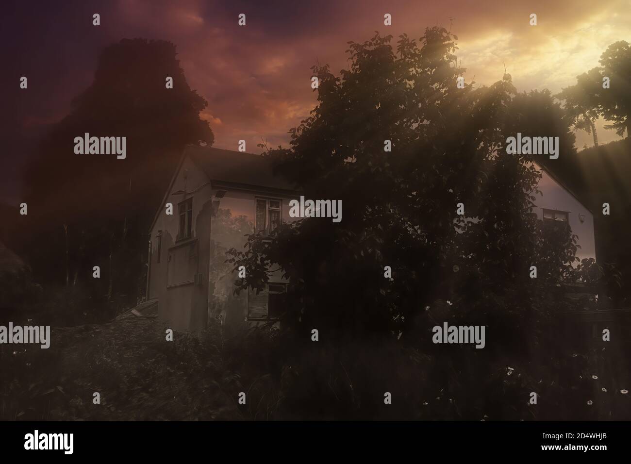 Spooky haunted house surrounded by woodland with the sun rays beaming