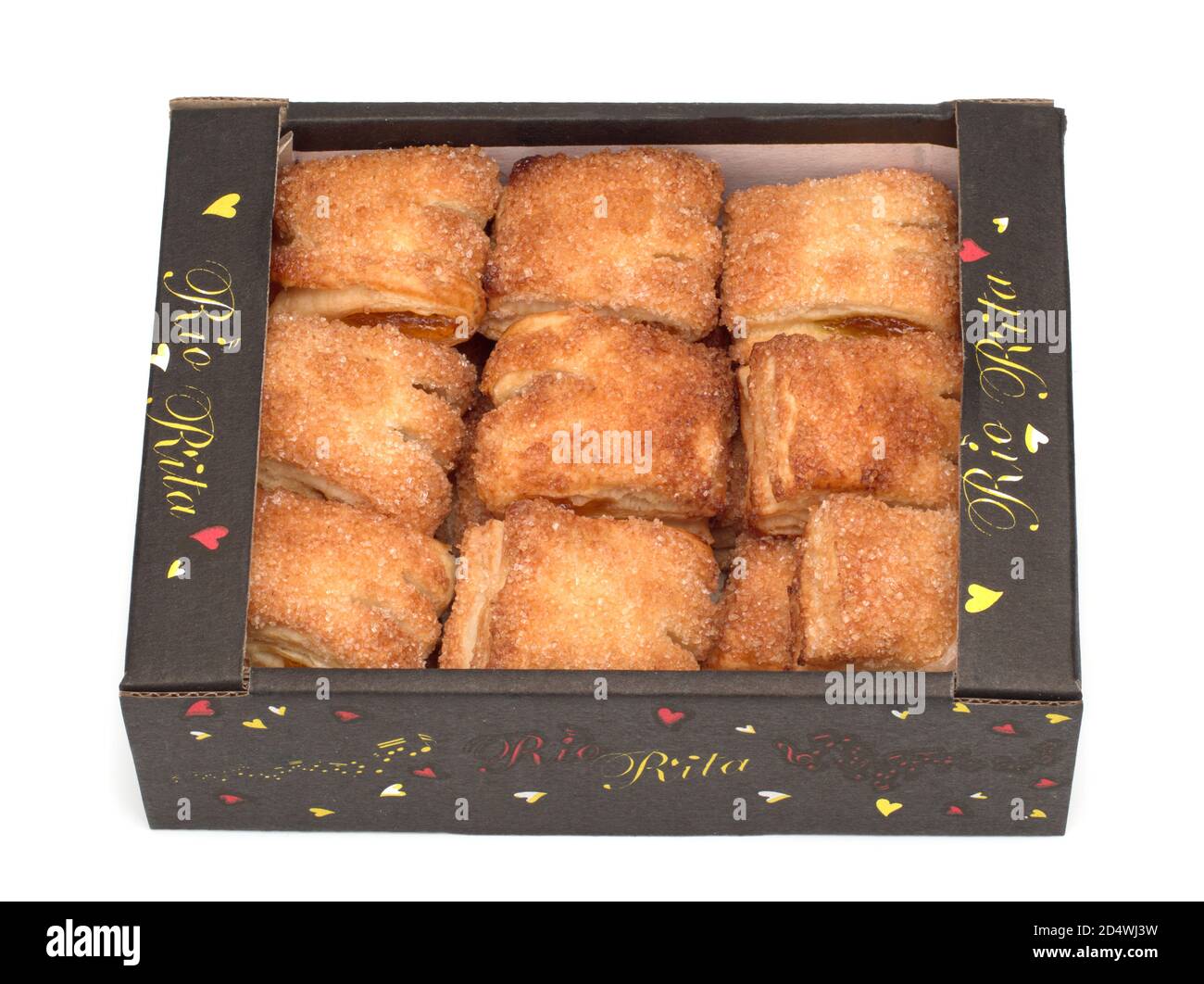 Puff pastry, Goose Feet cookies with apple filling in the box on white