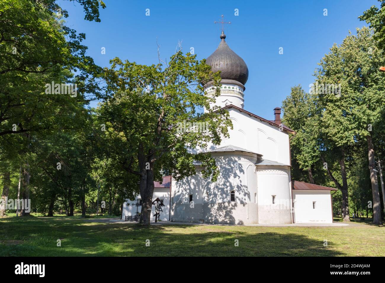 Cathedral of Our Lady Sovereign. Gdov fortress. The cathedral was built in 1991 on the site of the ancient Cathedral of St. Demetrius of Thessalonica Stock Photo