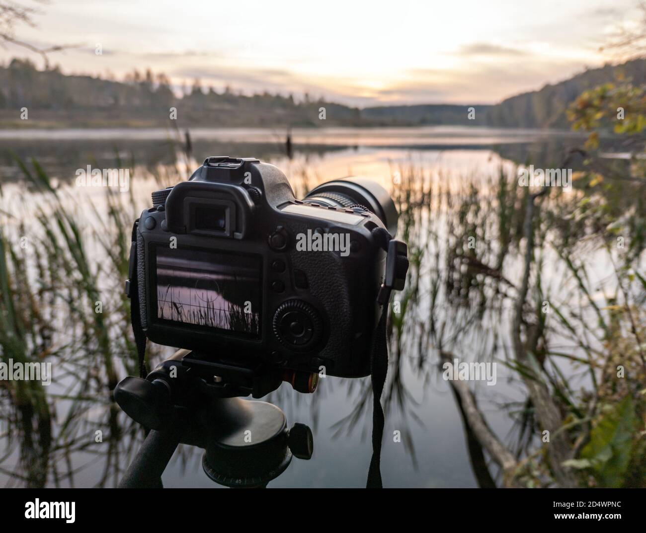 black digital camera on tripod shooting early foggy morning landscape ...