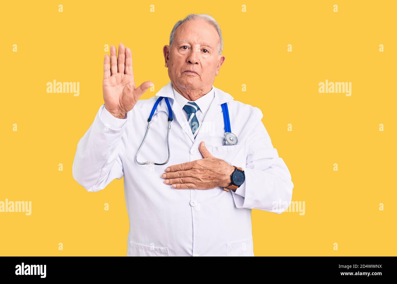 Senior handsome grey-haired man wearing doctor coat and stethoscope ...