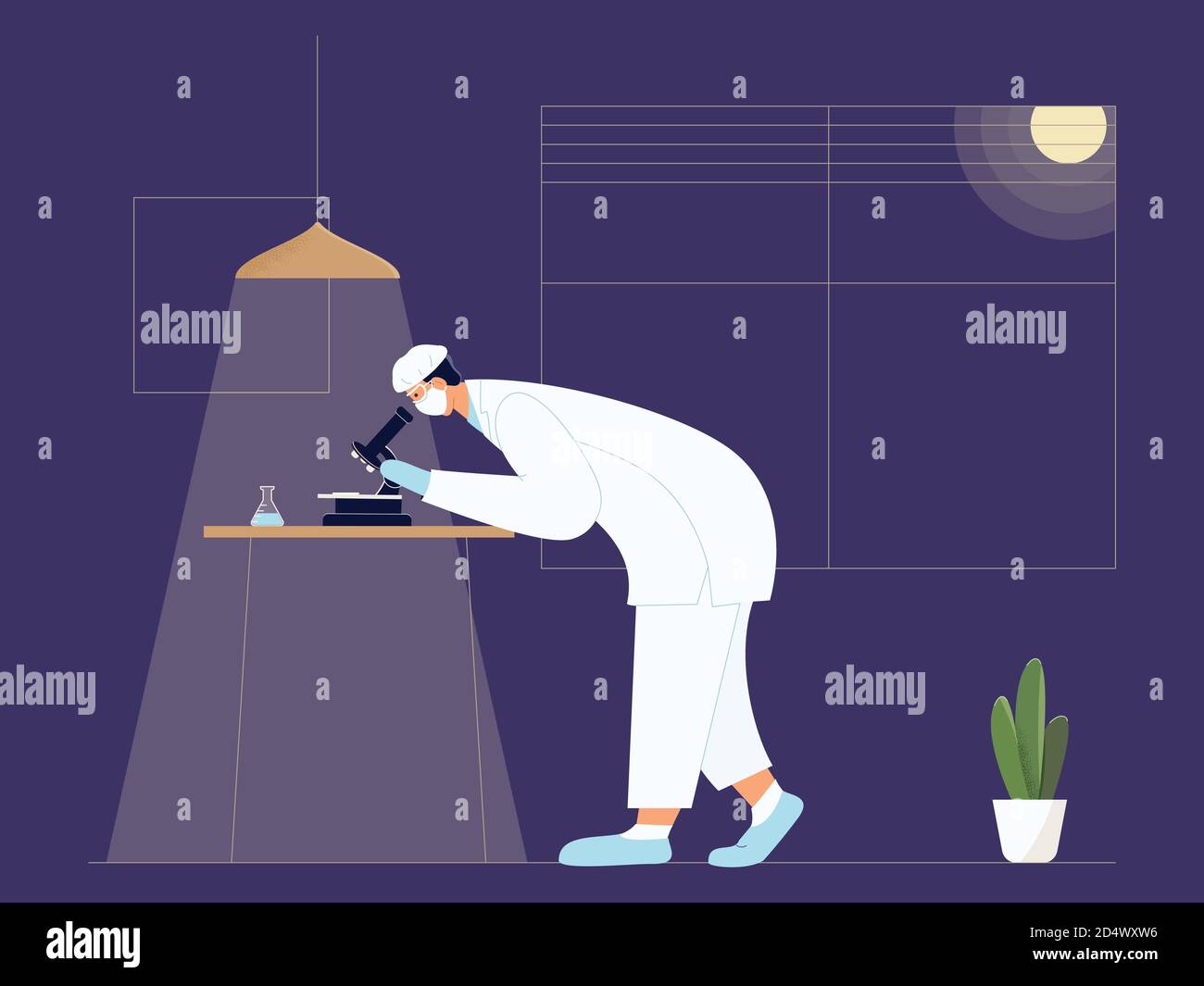 Vaccine discovery. Chemical laboratory research. Scientist in facial mask with microscope and flask working on antiviral treatment development Stock Vector