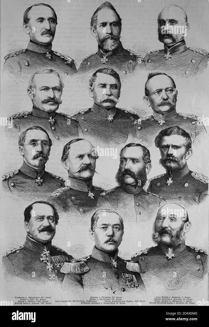 The Corp Commander of the North German Federal Army: Constantin von Alvensleben, Wilhelm von Tuempling, Edwald von Kirchbach, Julius von Bose, Gustav von Alvensleben, Friedrich von Fransecki, August von Goeben, August von Wuerttemberg, Albert Kronprinz von Sachsen, Edwin Freiherr von Manteuffel, Adolf von Zastrow, Bernhard von Voigts-Rhetz, Gustav von Manstein (von upper left to lower right), illustrated war history, German - French war 1870-1871 Stock Photo