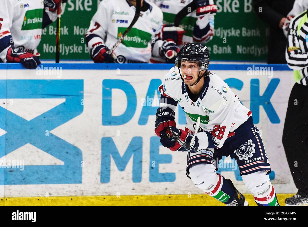 Frederikshavn, Denmark. 11th Oct, 2020. Sebastian Brinkman (28) of Frederikshavn White Hawks seen in the Metalligaen ice hockey match between Frederikshavn White Hawks and Herlev Eagles at Nordjyske Bank Arena in Frederikshavn. (Photo Credit: Gonzales Photo/Alamy Live News Stock Photo