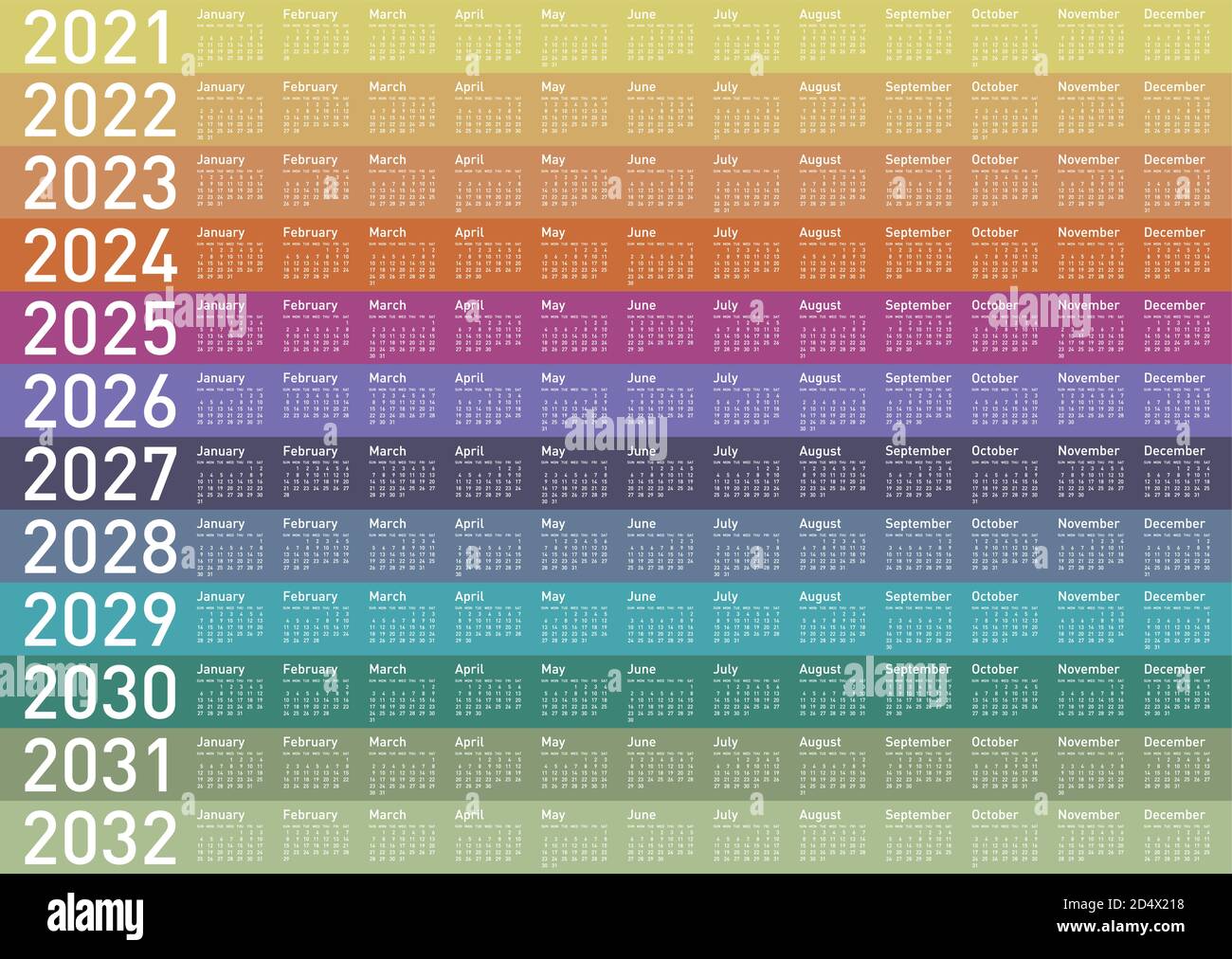 Colorful Calendar For Years 2021 2022 2023 2024 2025 2026 2027