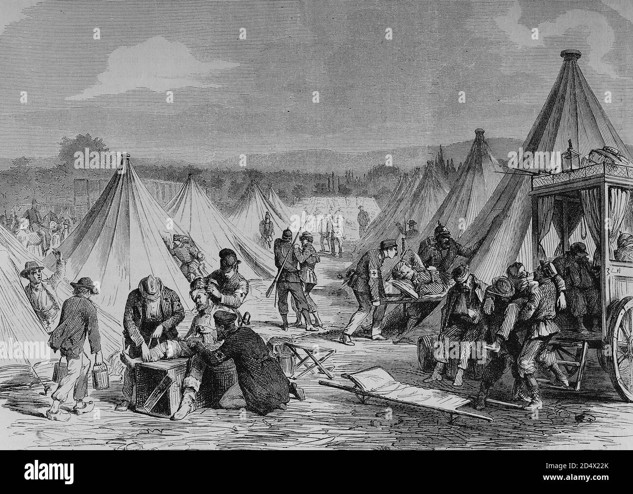 Max Mahon's conquered tent camp near Reichshofen used as a field hospital , illustrated war history, German - French war 1870-1871 Stock Photo