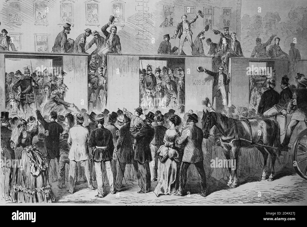 Arrival of French prisoners of war at the East train station in Berlin, illustrated war history, German - French war 1870-1871 Stock Photo