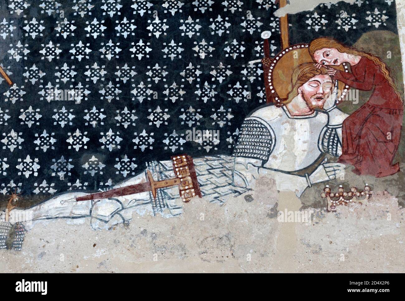 After the battle, tired Saint Ladislas resting with the rescued girl. Fresco detail in the Unitarian fortified churc on the UNESCO World Heritage Site Stock Photo
