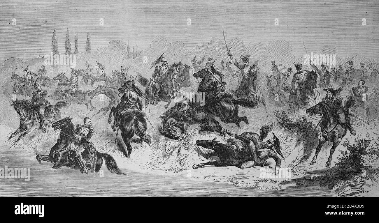 Attack of the 13th prussian hussar regiment on french cuirassiers near Beaumont, illustrated war history, German - French war 1870-1871 Stock Photo