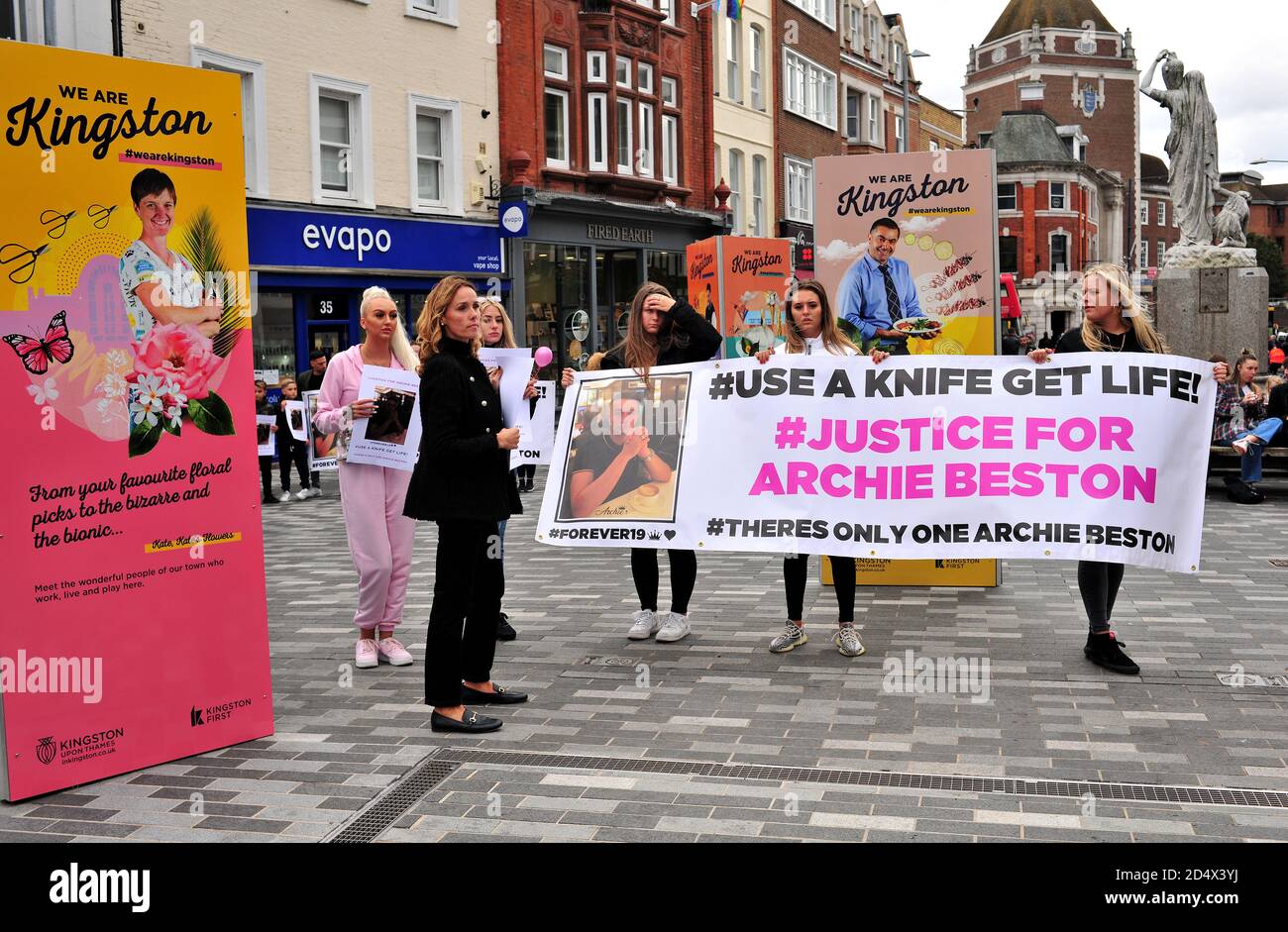After a manslaughter verdict is reached the friends and family of knife crime victim, Archie Beston, gather at the site of his death in Kingston upon Thames to demand a harsher sentence for the loss of Archie. https:/yellowdoorphotos.com/ Andrew Gulland Stock Photo
