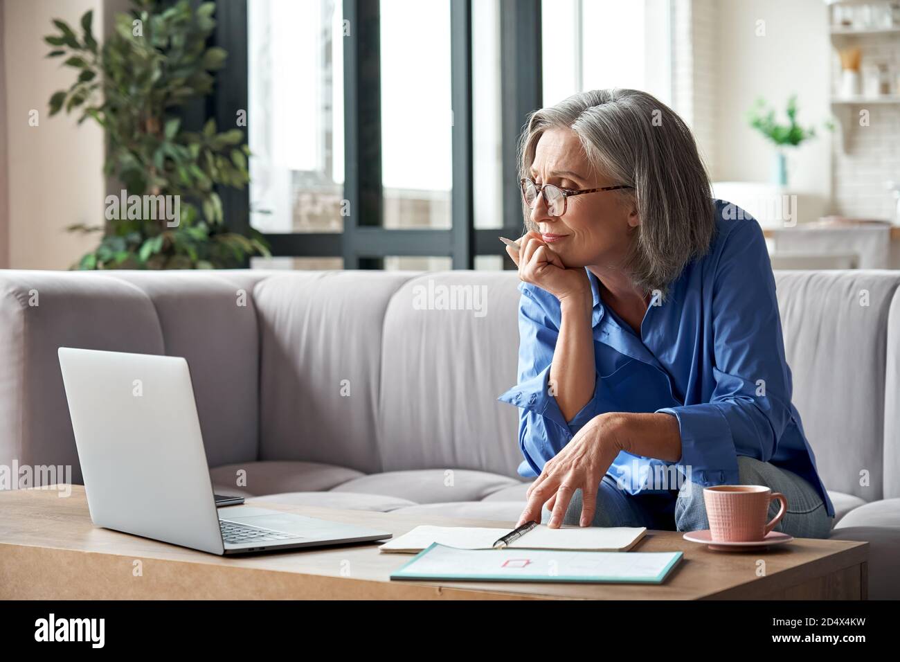 Senior older woman watching webinar on laptop working from home. Stock Photo