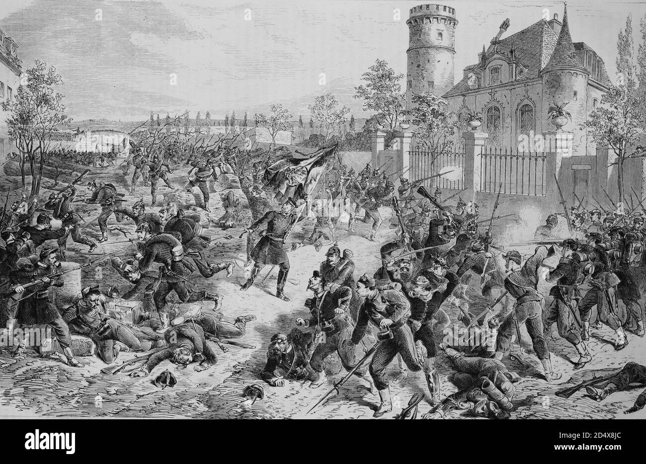 General Budritzki and the 2nd battalion of the grenadiers guard regiment at the entrance to Bourget, illustrated war history, German - French war 1870-1871 Stock Photo