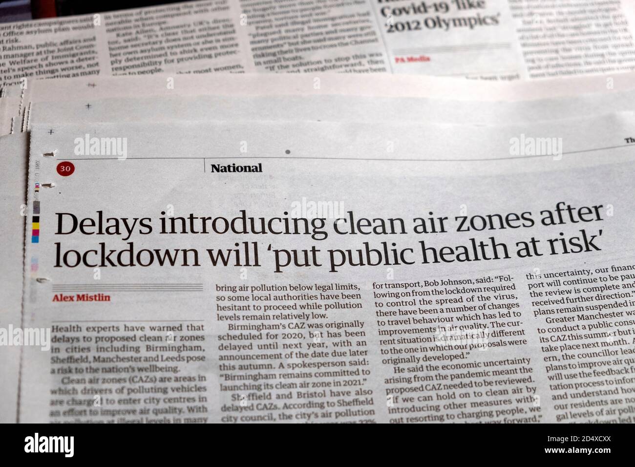 'Delays introducing clean air zones after lockdown will 'put public health at risk' ' inside Guardian newspaper headline 19 September 2020 London UK Stock Photo