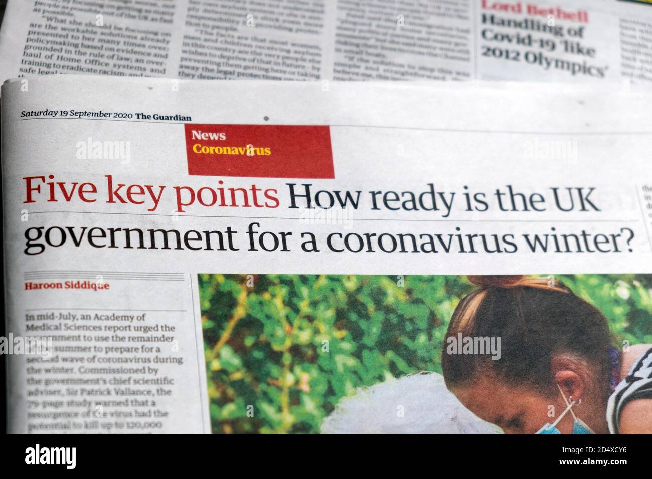 Covid 19 news newspaper headline in The Guardian 'How ready is the UK government for a coronavirus winter?' 19 September 2020 London England UK Stock Photo