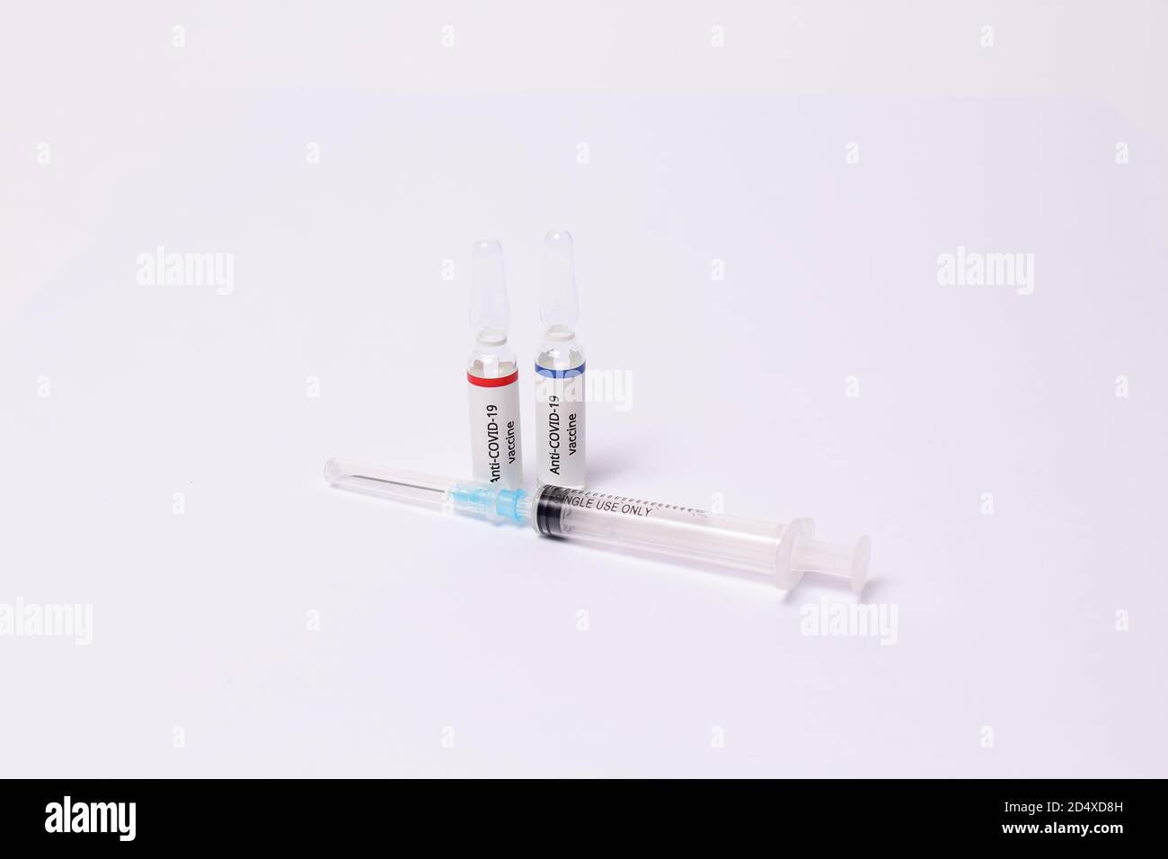 Two medicine ampule with anti covid19 vaccine and syringe on white