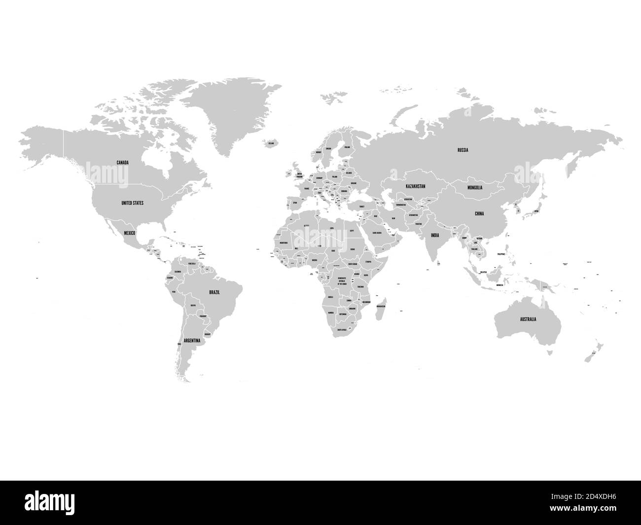 Political map of world with Antarctica. Grey land, white borders on white background. Black labels of states and significant dependent territories names. High detail vector illustration. Stock Vector