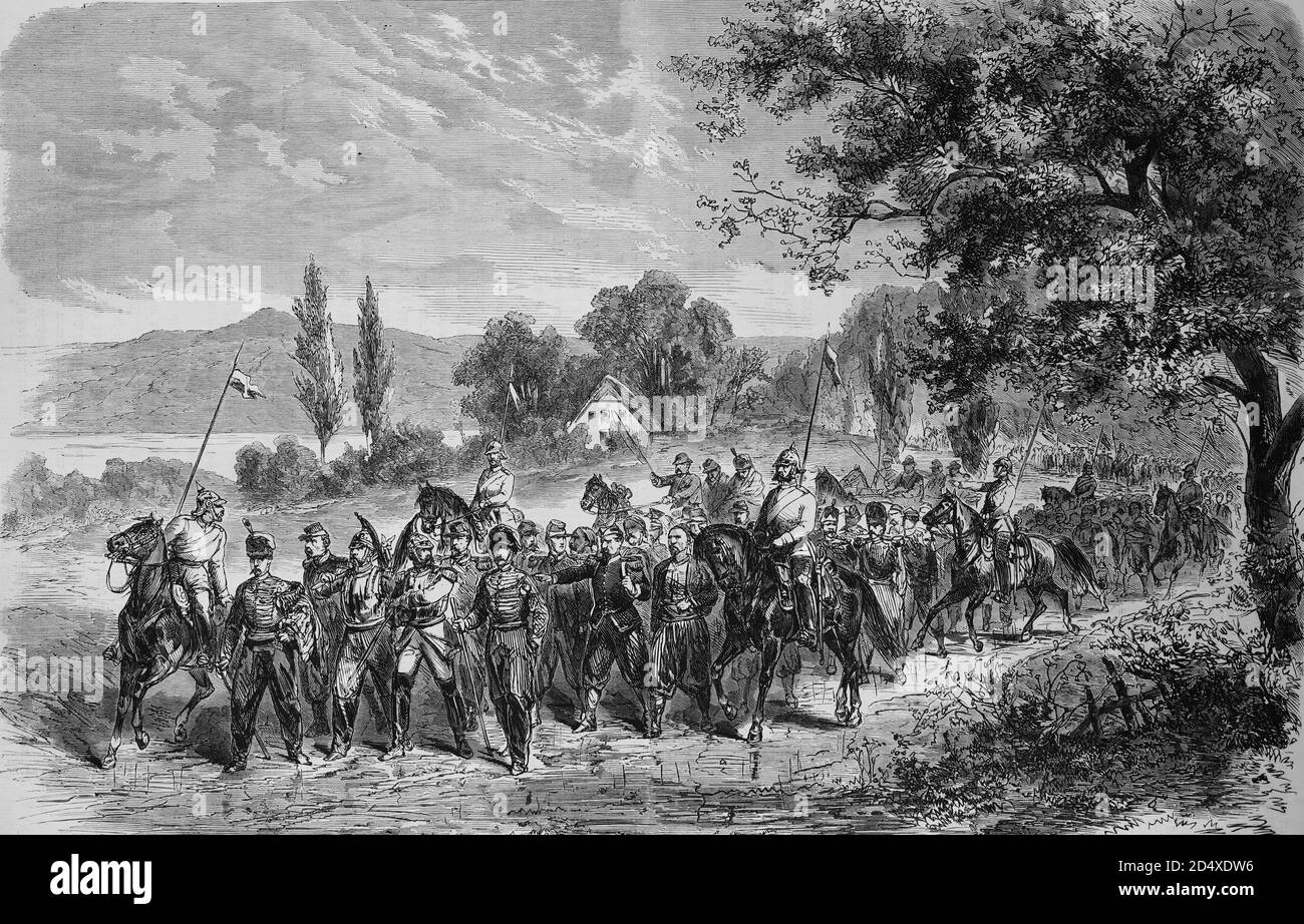 prisoners transport of Metz by the Moselle valley, after the capitulation, 30th October, 1870, illustrated war history, German - French war 1870-1871 Stock Photo