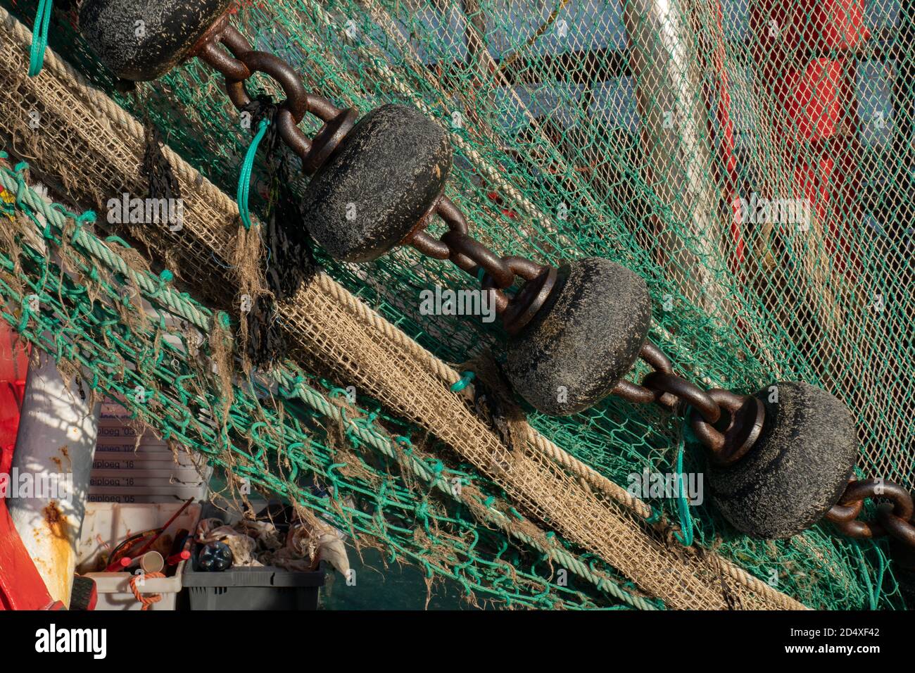 Closeup of nylon fishing net on a trawler. Wadden Sea. East Frisia