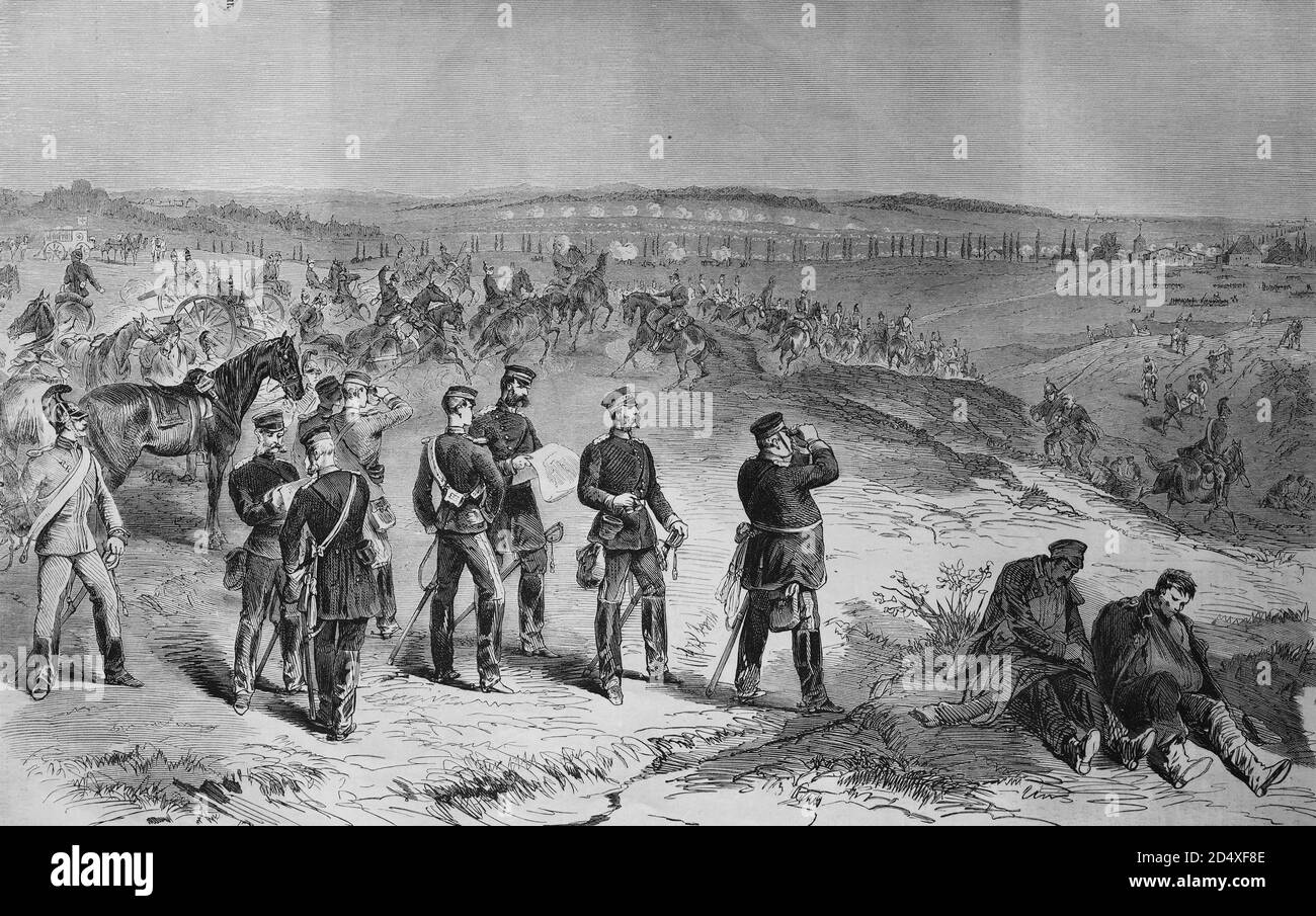 Saxons attacking near Sainte-Marie-aux-Chenes on August, 18th, 1870, illustrated war history, German - French war 1870-1871 Stock Photo