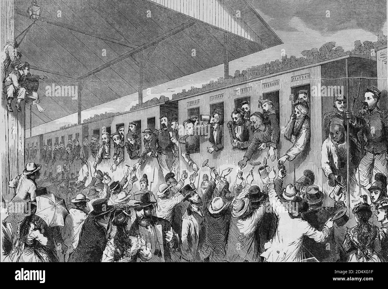 French prisoners of war at the railway station in Munich, illustrated war history, German - French war 1870-1871 Stock Photo