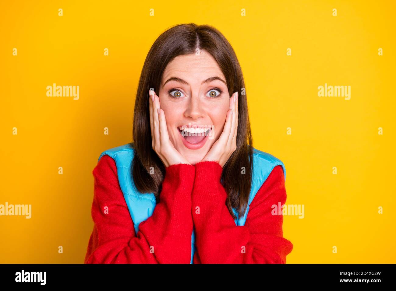 Photo of astonished girl hipster touch hands face impressed wonderful ...