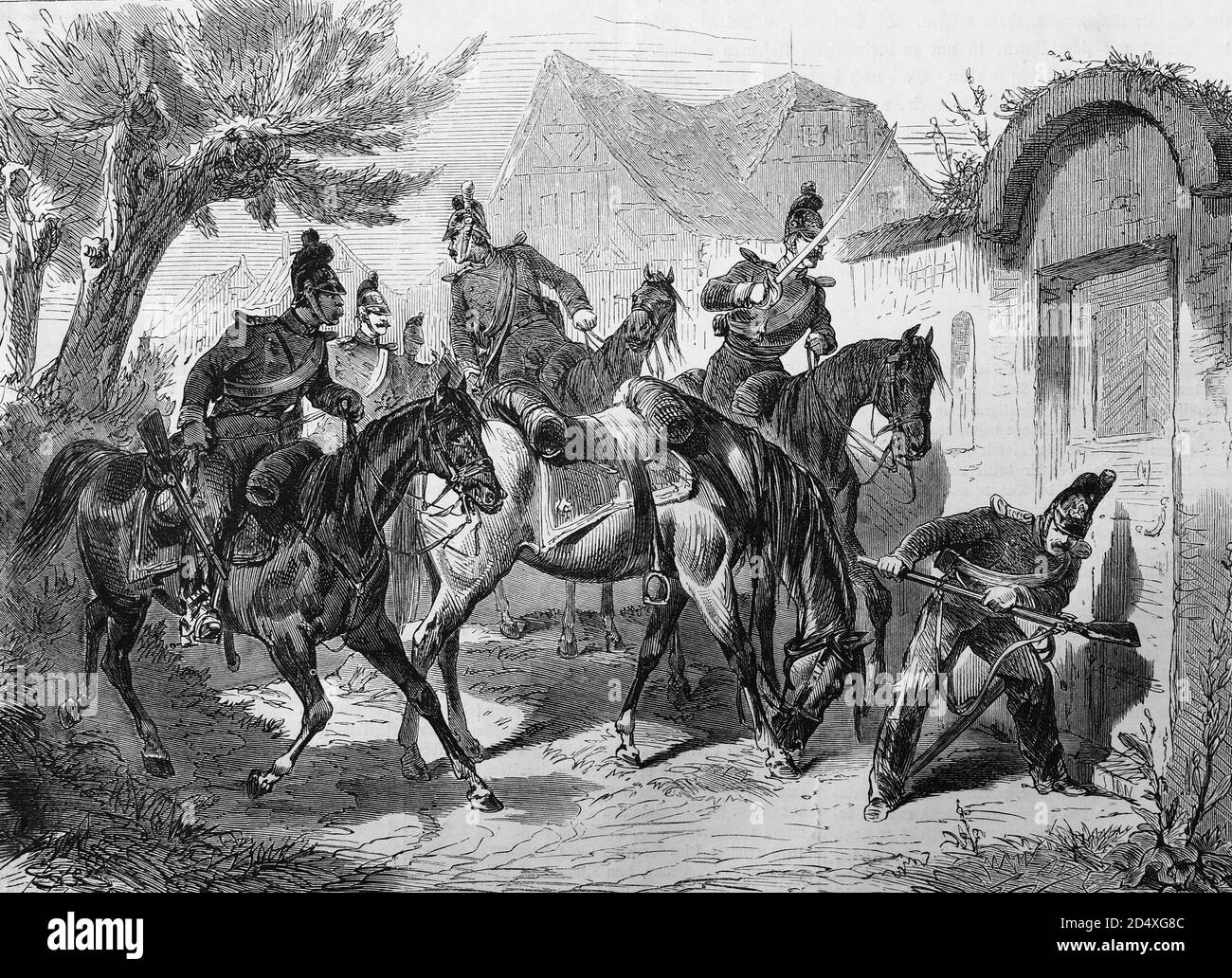 Bavarian light cavalry on patrol, illustrated war history, German - French war 1870-1871 Stock Photo