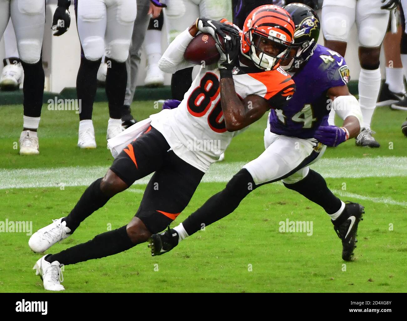 Cincinnati Bengals wide receiver Mike Thomas runs with the ball after  making a catch during the first half of a NFL football game against the  Baltimore Ravens, Sunday, Oct. 9, 2022, in