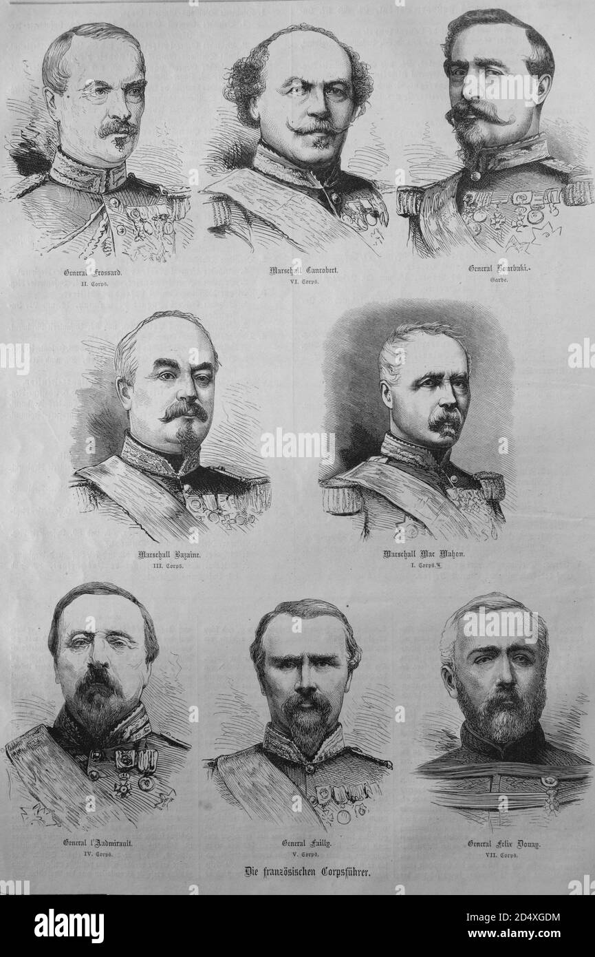 french corps leaders of 1870, illustrated war history, German - French war 1870-1871 Stock Photo