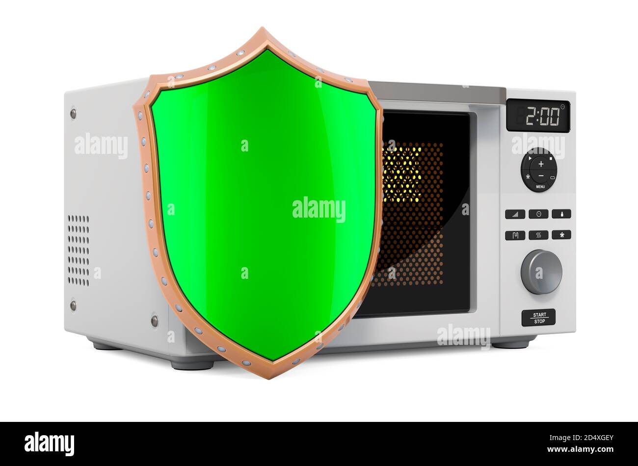 Microwave oven with shield. Guarantee and protection combination oven concept. 3D rendering isolated on white background Stock Photo
