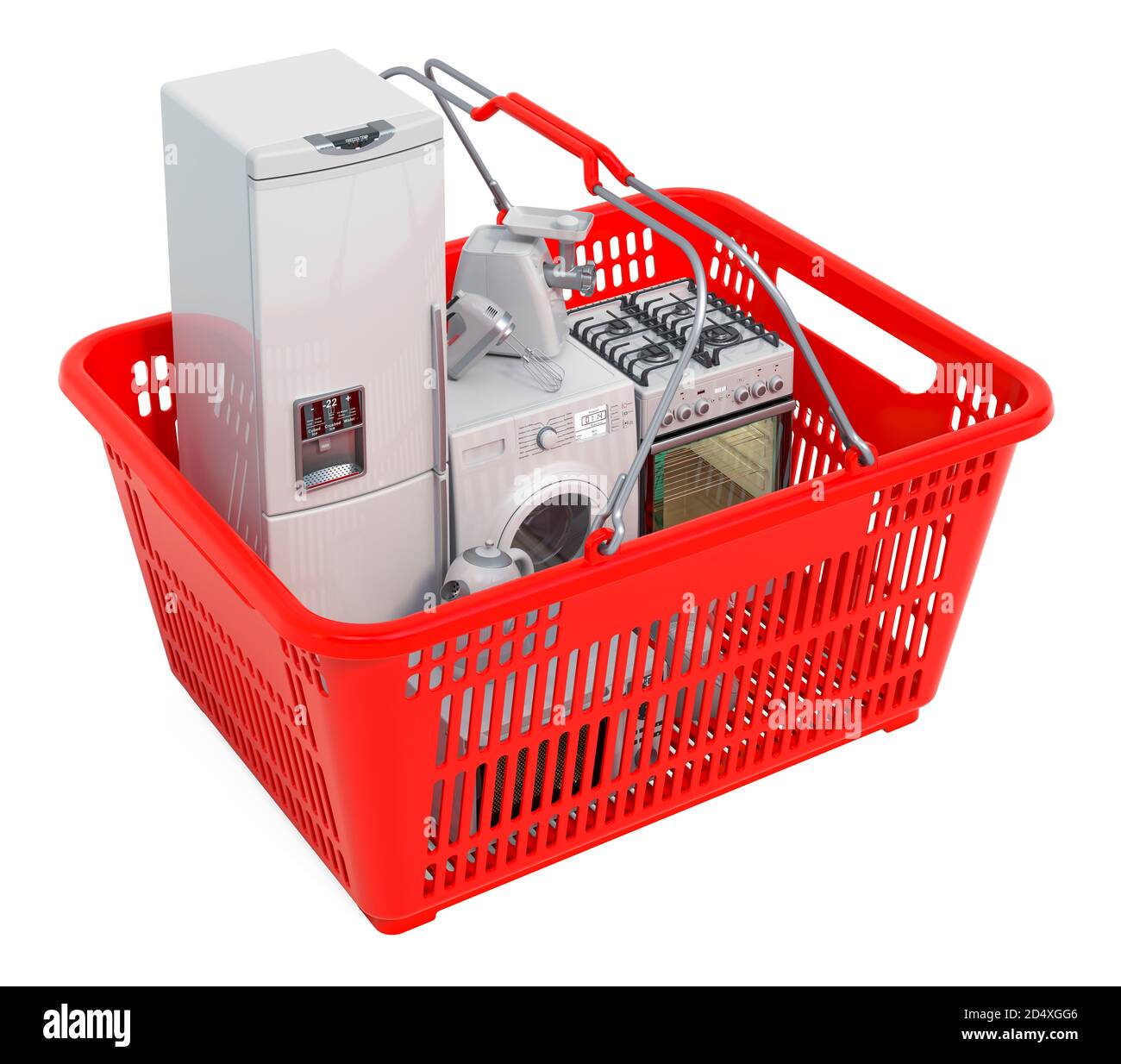 Shopping basket full of kitchen appliances, 3D rendering isolated on white background Stock Photo