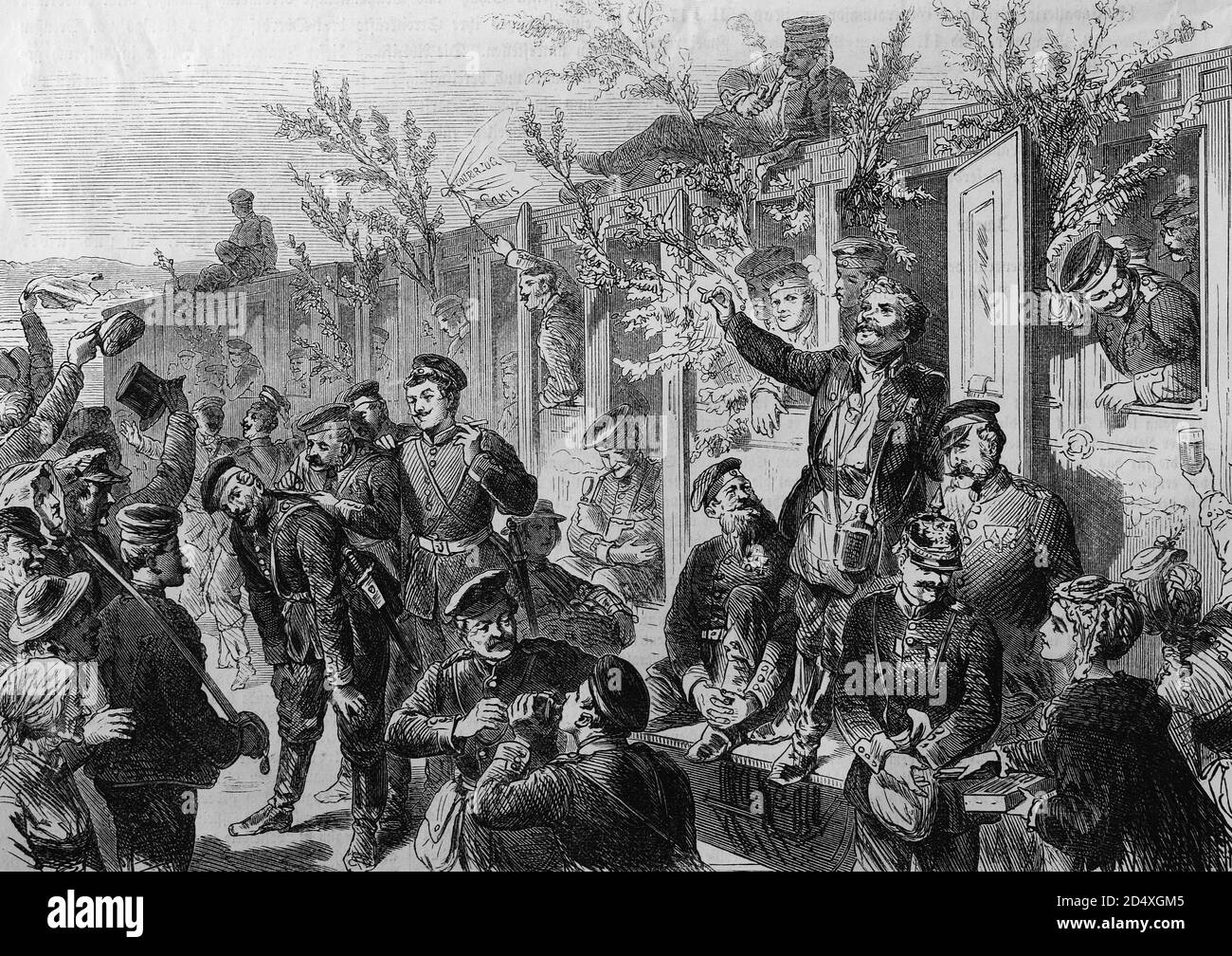 Arrival of the infanterie regiment no. 17 at the waterstation in Duesseldorf, illustrated war history, German - French war 1870-1871 Stock Photo