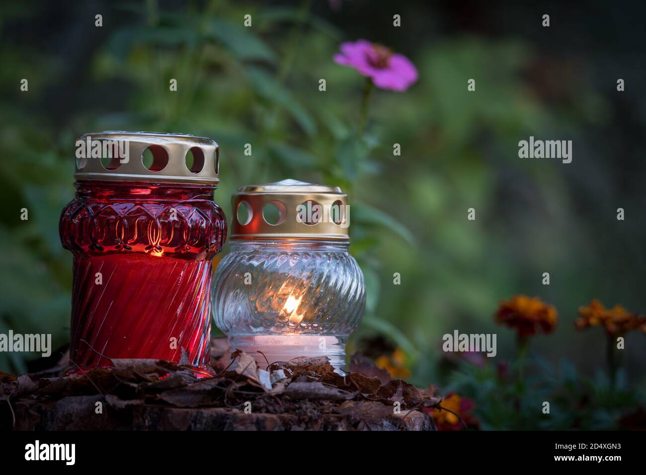 Burning candles for the Day of the Dead surrounded by flowers. Autumn Christian festival. All