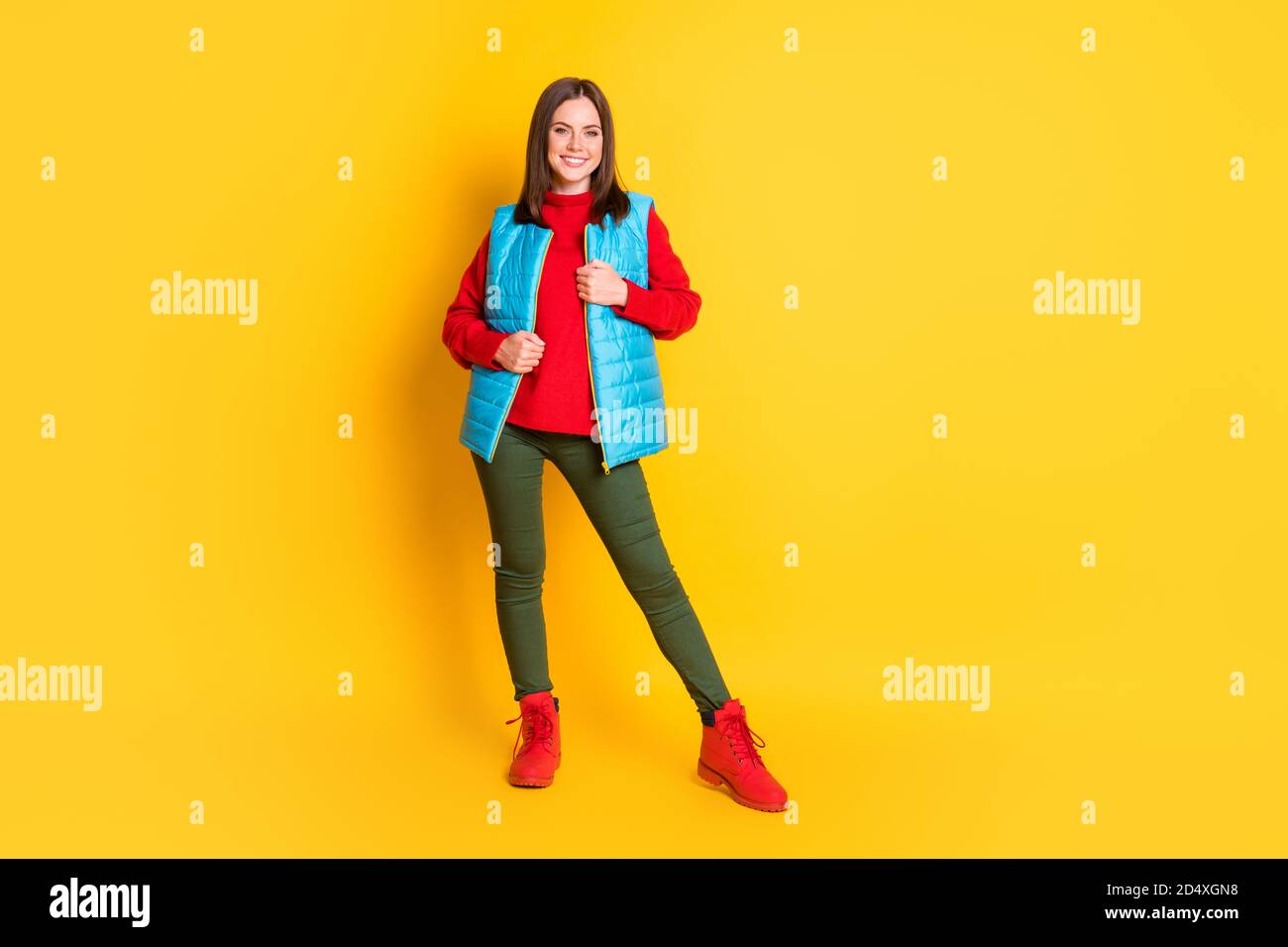 Full length photo of cute lovely young stunning lady smiling posing