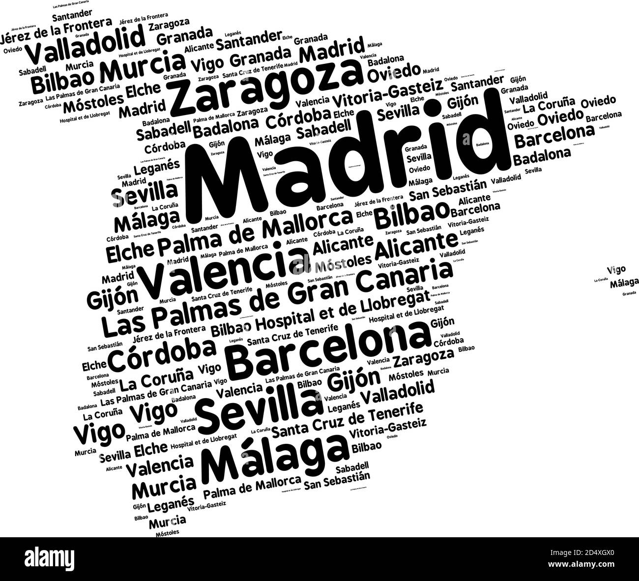 Word cloud in a shape of Spain contains large spanish cities. Black text on white background in positive slope, vector illustration Stock Vector