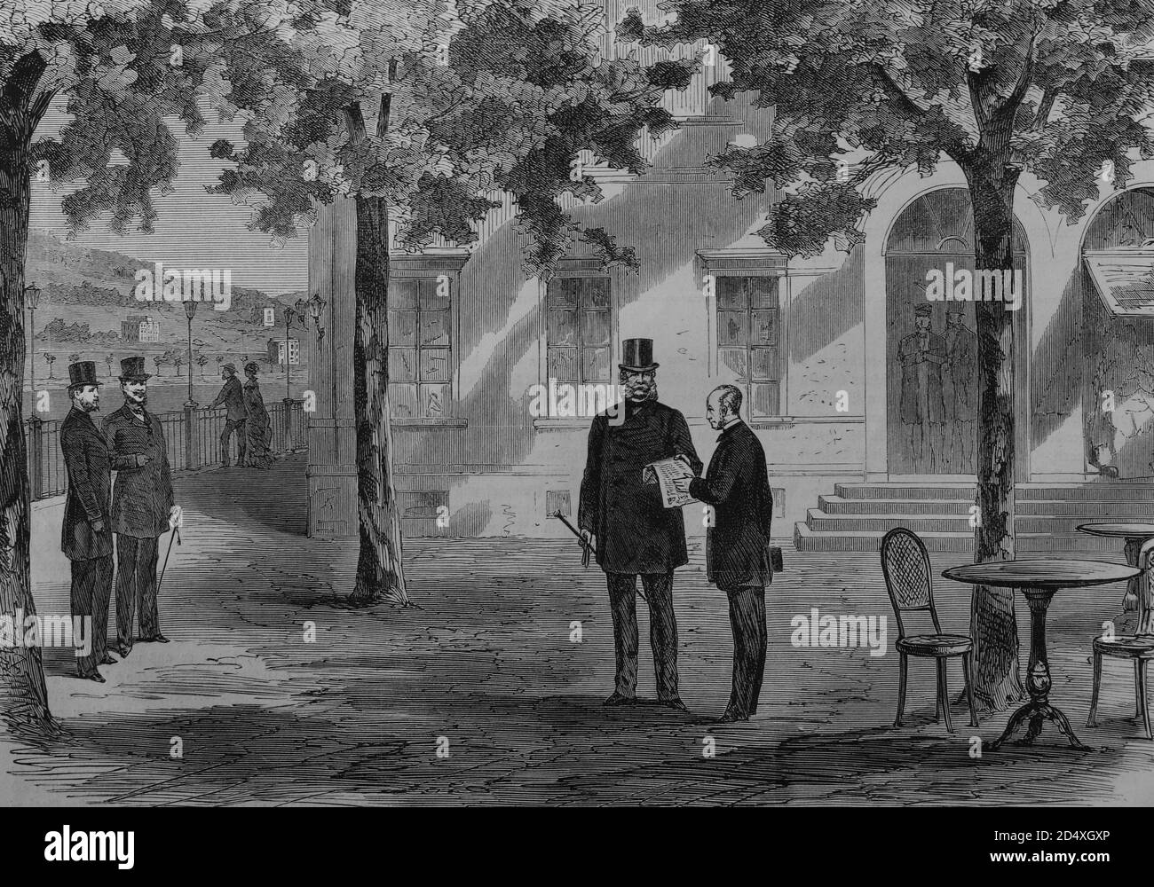 King Wilhelm I and count Benedetti in Ems on July 13th 1870, illustrated war history, German - French war 1870-1871 Stock Photo