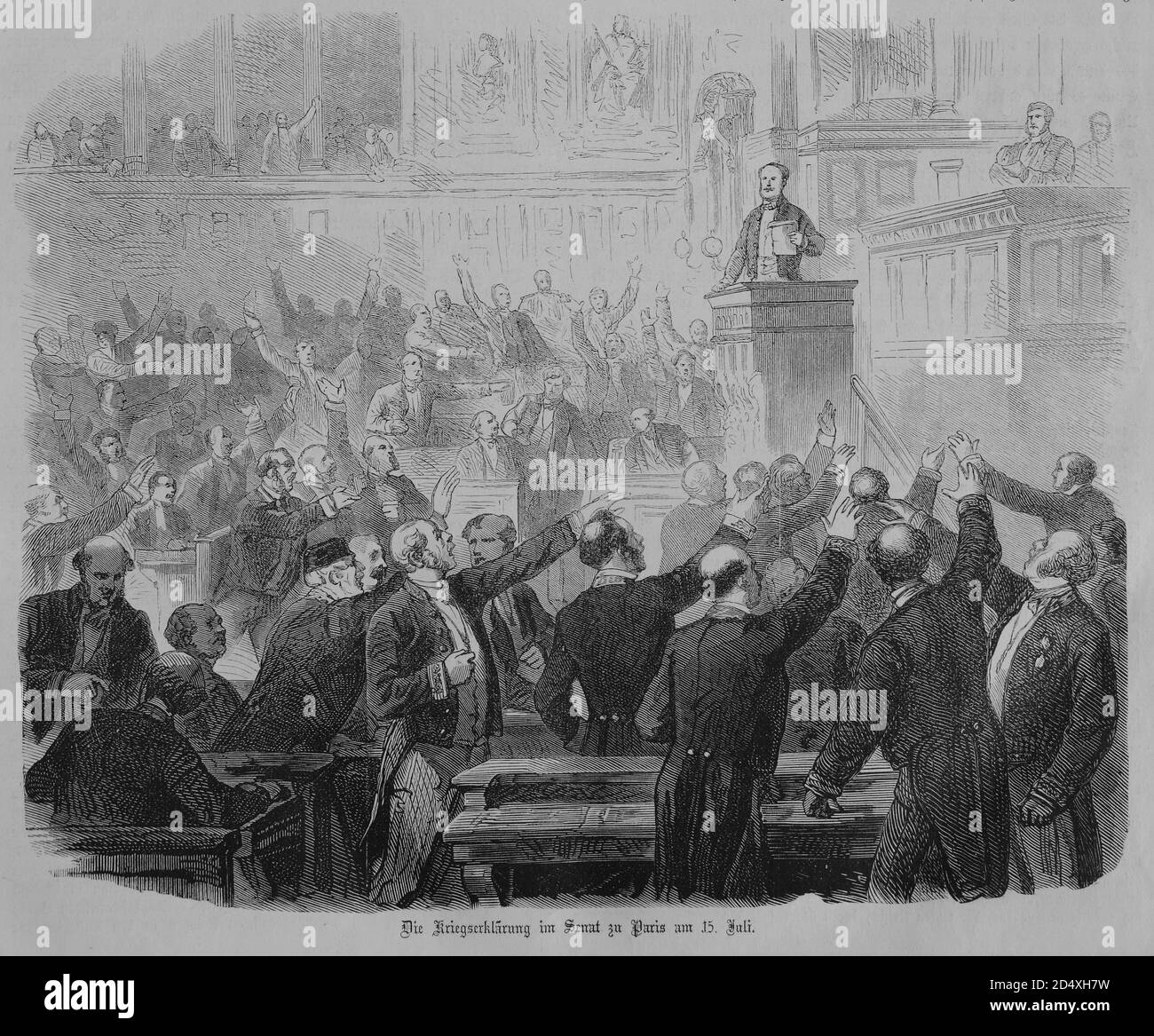 The declaration of war in the senate of Paris, July 15th 1870, illustrated war history, German - French war 1870-1871 Stock Photo