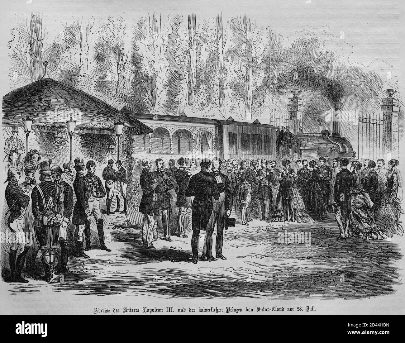 Departure of the emperor Napoleon III and the imperial prince in Saint Cloud on July 28th 1870, illustrated war history, German - French war 1870-1871 Stock Photo