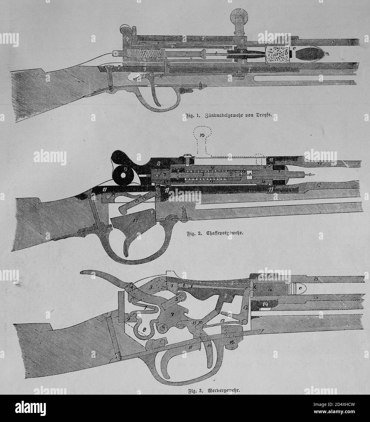 Rifles 1870. beginning at the top: Dreyse needle-gun, Chassepot or fusil modele 1866 and a Werder rifle, illustrated war history, German - French war 1870-1871 Stock Photo