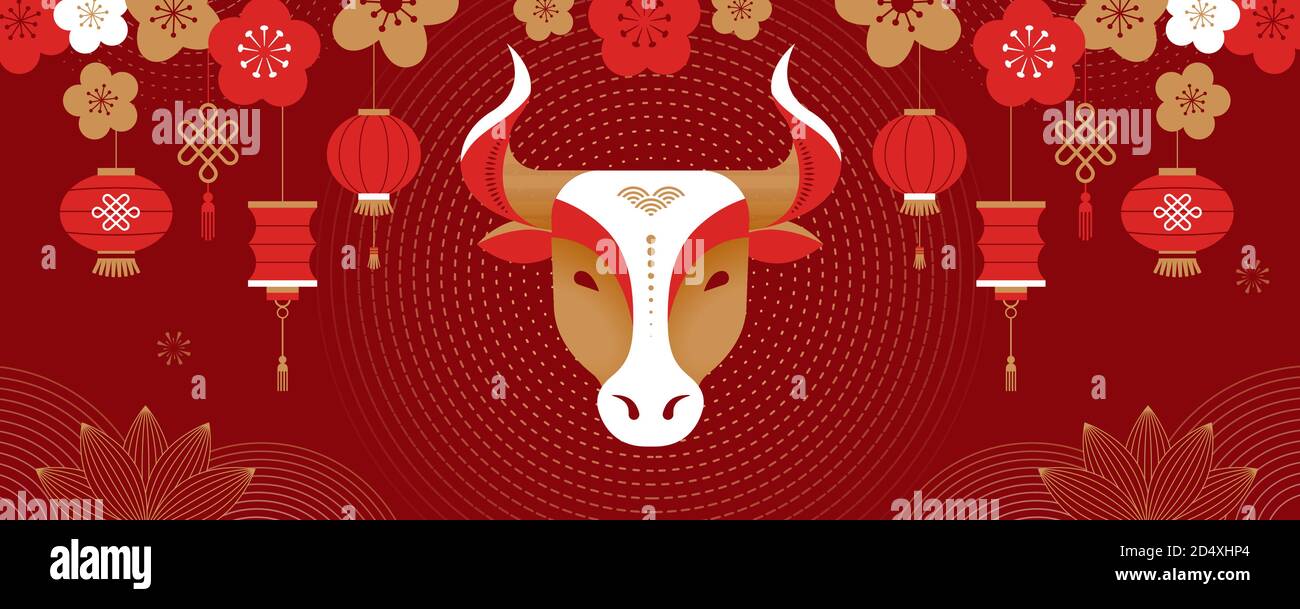 Chinese new year 2021 year of the ox, Chinese zodiac symbol, Chinese text says 'Happy chinese new year 2021, year of ox' Stock Vector