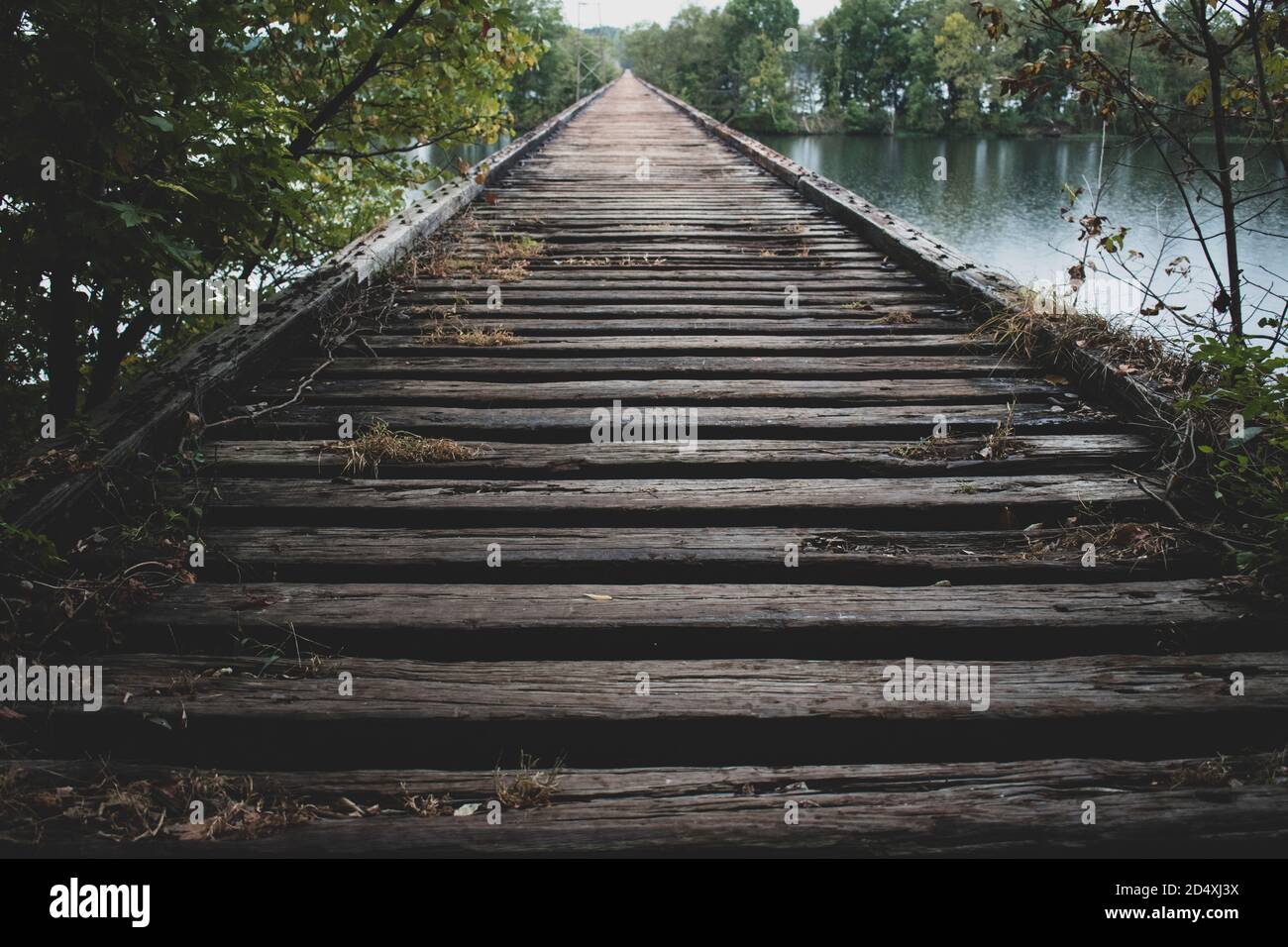 Old wooden bridge once part of railroad track, crossing a river with forest on both sides. Stock Photo