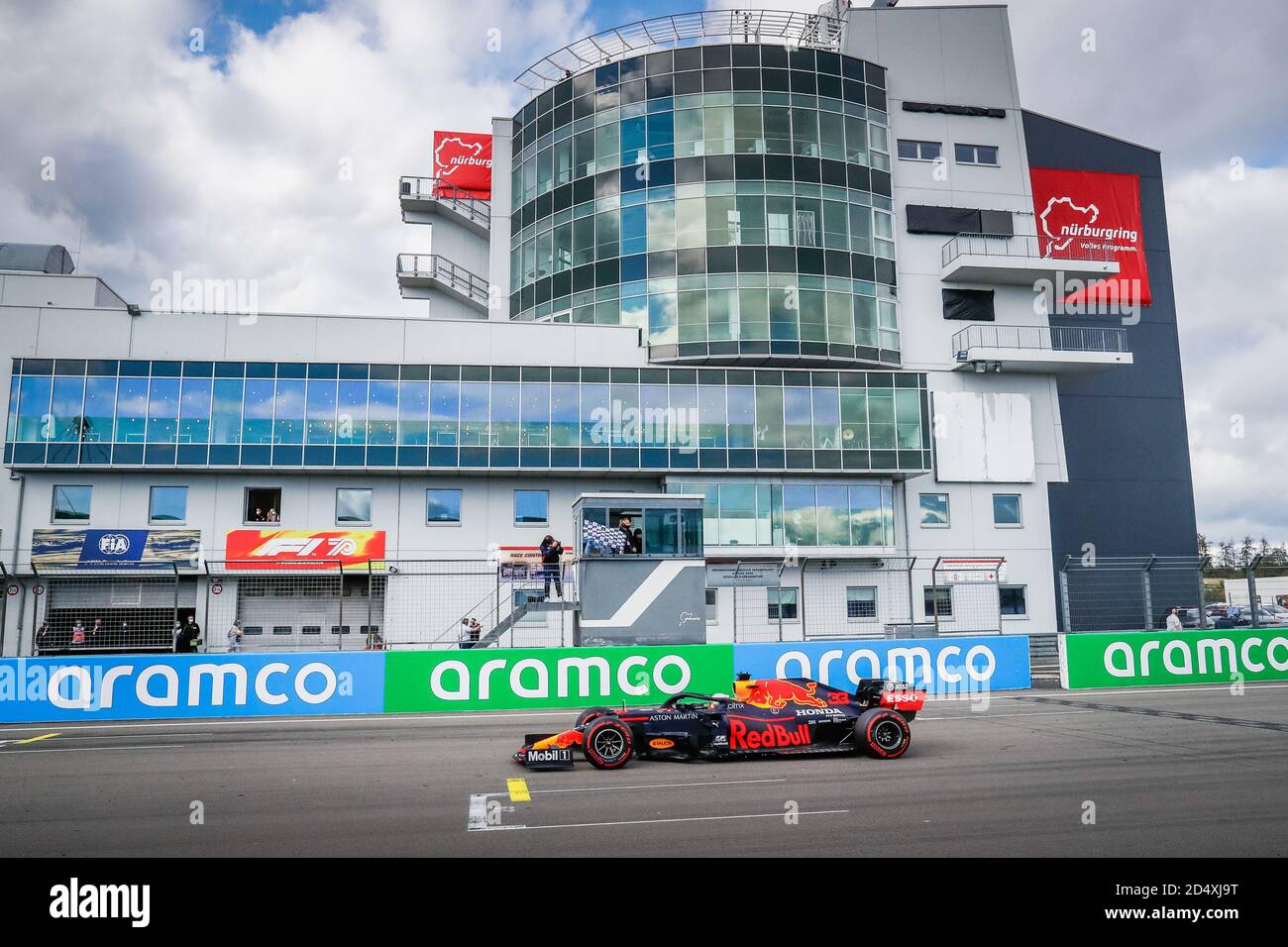 Nurburg, Germany. 11th October, 2020. chequered flag, drapeau a damier 33 VERSTAPPEN Max (nld), Aston Martin Red Bull Racing Honda RB16, action during the Formula 1 Aramco Grosser Preis Der Eifel 2020, Eifel Grand Prix, from October 9 to 11, 2020 on the N.rburgring, in N.rburg, Germany - Photo Antonin Vincent / DPPI Credit: LM/DPPI/Antonin Vincent/Alamy Live News Stock Photo