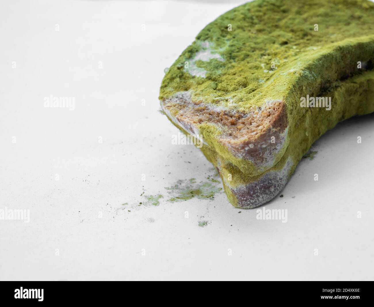 A piece of bread covered with green mold on a white background isolate. Stock Photo