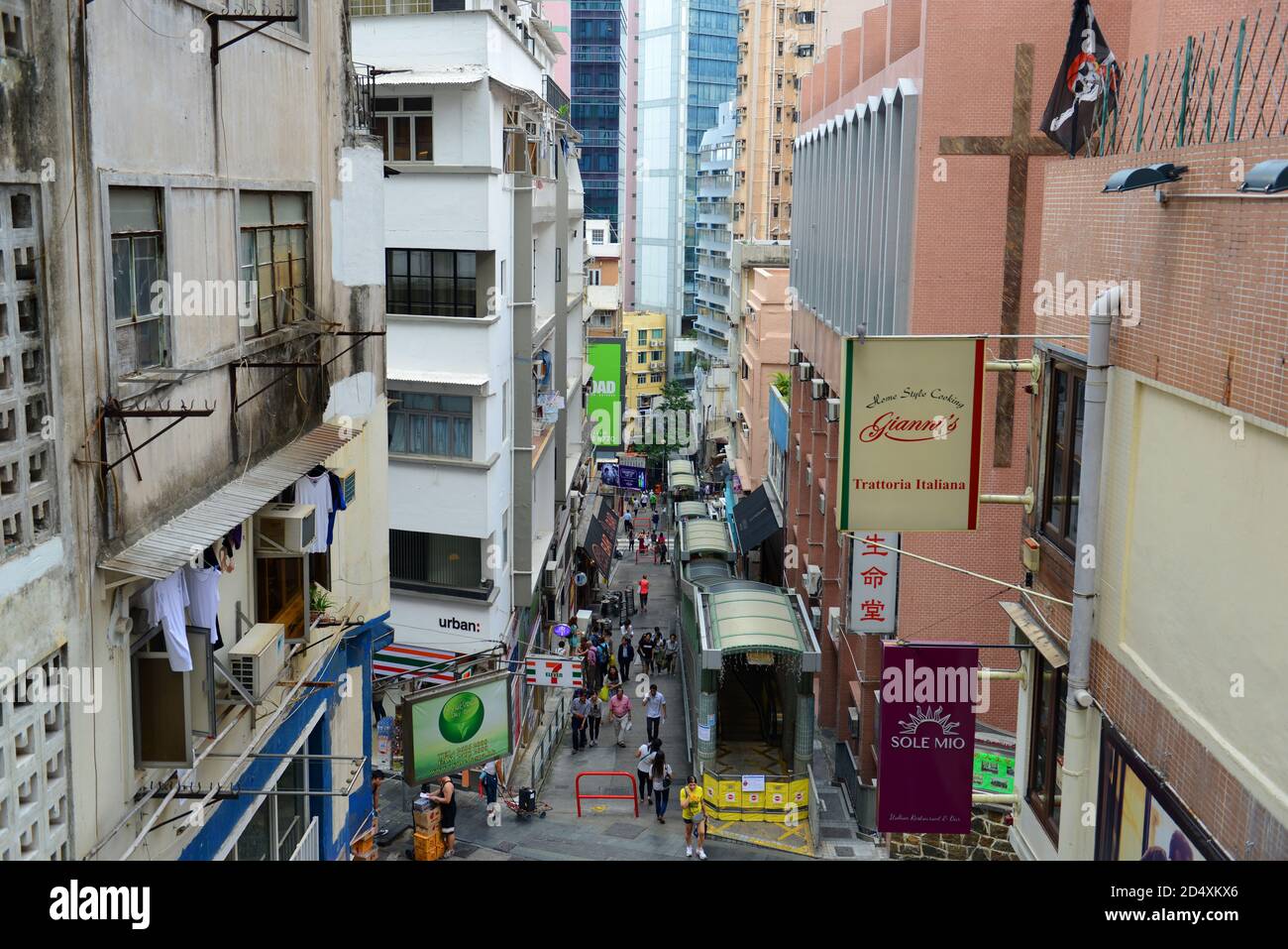 Shelley Street and Central Mid-Levels Escalator near Caine Road in SoHo in Hong Kong Island, Hong Kong, China. Stock Photo